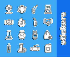 Set line Canister for gasoline, Broken metal pipe with leaking water, Gasoline pump nozzle, Drop crude oil price, Industry metallic pipes and valve, Refill petrol fuel location and icon. Vector