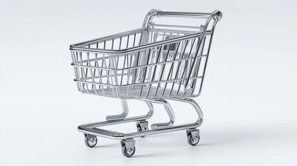 A sleek, modern metallic shopping cart stands alone against a minimalist backdrop.