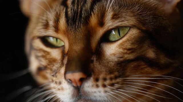 This striking close-up image features a Bengal cat with captivating green eyes, showcasing its unique fur patterns and expressive features for pet lovers.