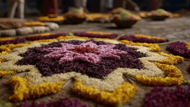 This artistic image captures a vibrant Rangoli design made with colorful materials, reflecting cultural significance and artistic expression in festivities.