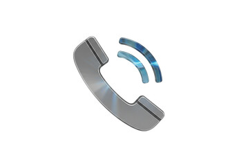 Shiny metallic phone receiver with signal waves isolated PNG, communication icon for contact and support on transparent background