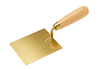 Golden brick trowel isolated on white, construction tool for masonry and plastering work PNG