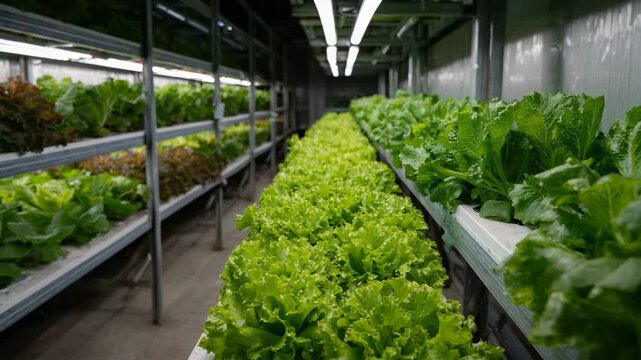 This spacious indoor hydroponic farm features rows of lush green lettuce, showcasing innovative agricultural practices and the future of food production.