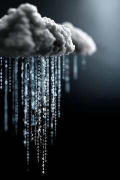 Close up of a dark digital cloud releasing streams of binary code like rain, symbolizing data transfer, cloud computing and futuristic information flow in a cyber environment