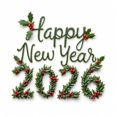 Festive "Happy New Year 2026" Text Composed of Green Holly Leaves and Bright Red Berries on a White Background