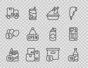 Set line Cigarettes pack box, Wine bottle, Roasted turkey or chicken, Cash register machine, Hand truck and boxes, Hanging sign with Open, Carton cardboard price and Paper financial check icon. Vector