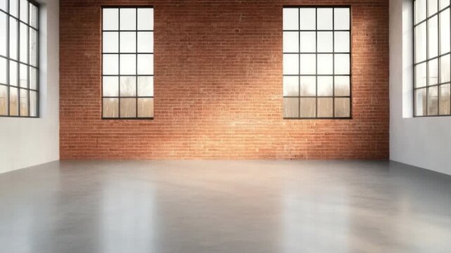 Modern minimalist interior with large windows and exposed brick wall creating a warm and inviting atmosphere 4k video footage