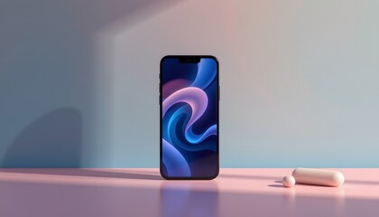 a smartphone with a vibrant blue and purple pattern, placed upright on a flat surface against a pastel colored background.