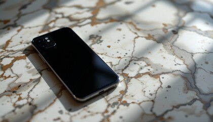a smartphone resting on a table with a marble like pattern. the phone is positioned in such a way that it faces the viewer, showing both its front and back sides