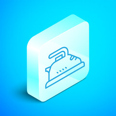 Isometric line Electric iron icon isolated on blue background. Steam iron. Silver square button. Vector