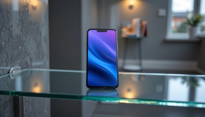 a modern smartphone placed on a table, with a minimalist design featuring a blue abstract pattern