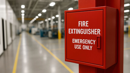 Fire extinguisher emergency use only box mounted inside industrial facility fire hazard prevention, protection regulation and emergency response system in manufacturing environment