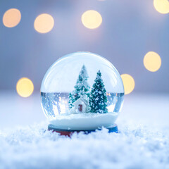 Snow globe on snow, glowing bokeh lights behind, magical winter scene, Happy New Year