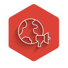 Fototapeta premium White line World news icon isolated with long shadow background. Breaking news, world news tv. Red hexagon button. Vector