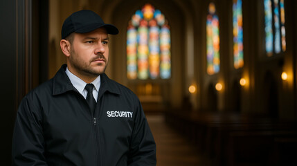 Security guard standing at entrance of church showing protection, surveillance, discipline, vigilance and safety regulation in religious building environment during worship service