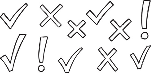 Hand Drawn Check Mark & X Doodle Set | Task and Error Line Art

Vector Icons: Sketchy Ticks, Crosses, and Exclamation Marks

Black and White Outline Doodles for Lists, Tests, and Alerts