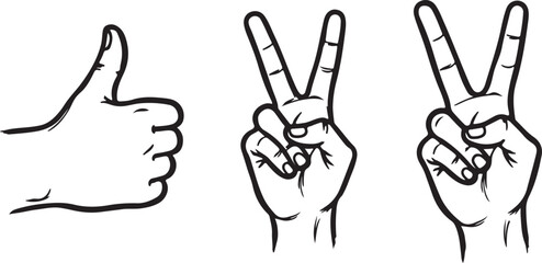 Fototapeta premium Hand Gestures Line Art Set | Thumbs Up & Peace Sign Doodles Vector Drawing: Outline Hand Icons | Thumbs Up, Fist, and V-Sign Black and White Hand Gesture Sketches for Design & Education