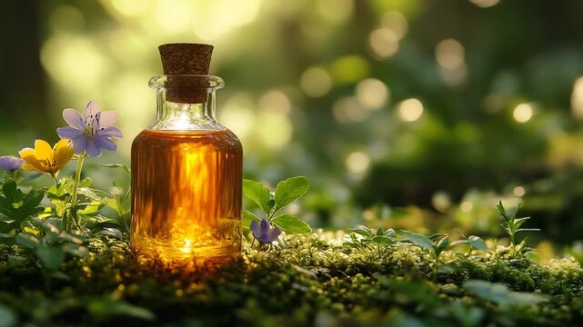 Enchanted Forest Elixir - A Bottle of Golden Liquid Amidst Lush Greenery and Wildflowers.