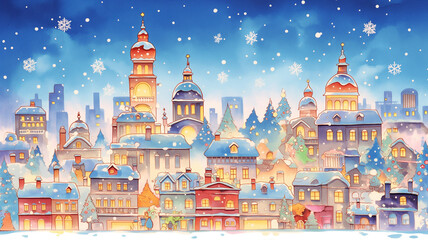 Obraz premium クリスマスの季節感あふれる冬の風景イラスト素材 雪の積もった街並みやツリーの灯りが幻想的な雰囲気を演出する抽象的な季節背景画像