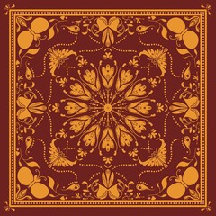 Bandana print. Bandana pattern. Nature object, decorative geometric line ornament. Woven fabrics, square pattern design style.