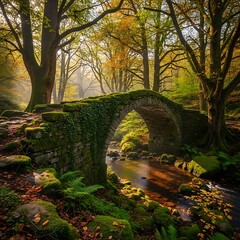 Ancient Stone Bridge in Autumn Forest with Moss and Stream.