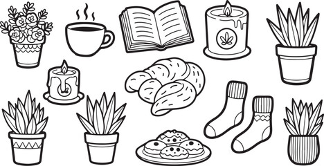 Hygge and Cozy Comfort Doodles | Home, Coffee, and Candle Line Art

Hand Drawn Hygge Elements | Candle, Sock, Plant, and Snack Doodles

Vector Outline Set of Indoor Relaxation and Study Items