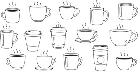 Steaming Coffee Mugs & Cups Line Art | Hot Drink Vector Doodle Set

Hand Drawn Outline Icons of Various Coffee and Tea Cups

Minimalist Black and White Mug Clipart Collection for Cafe Design