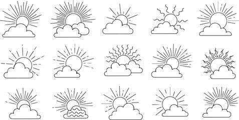Sun and Cloud Line Art Icons | Weather and Celestial Doodle Set

Hand Drawn Sunburst and Sky Outline Vector Illustrations

Minimalist Weather Doodles | Sunshine, Clouds, and Sunrise Sketches