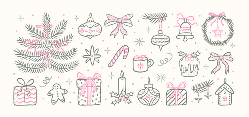Naklejka na ściany i meble Christmas hand drawn vintage doodle elements set in line sketch style. Christmas tree, gift, star, pink bows, candy cane, tree toys, cacao, snowflake, holly. Whimsical retro decor.Vector illustration.