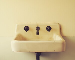 Vintage cream sink fixed to pale wall with tarnished faucet