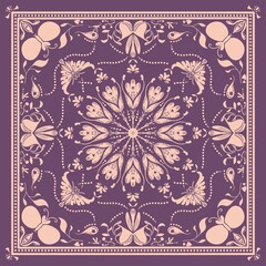 Bandana print. Bandana pattern. Nature object, decorative geometric line ornament. Woven fabrics, square pattern design style.