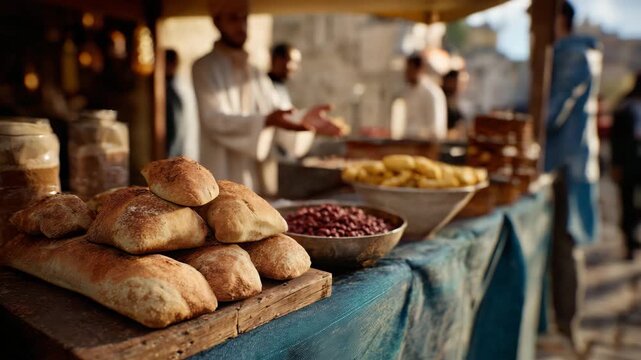 A vibrant market stall displays rustic bread and an array of snacks, showcasing cultural diversity through food, rich textures, and warm colors inviting customers to explore.