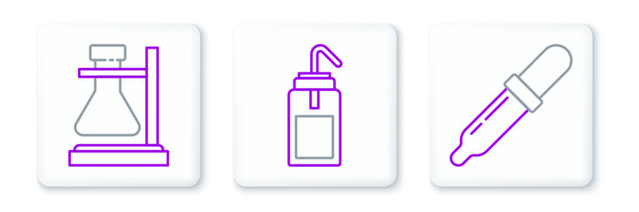 Set line Pipette, Test tube flask on stand and Laboratory wash bottle icon. Vector