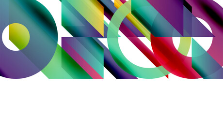 Abstract geometric shapes overlap, creating vibrant colorful design. Gradient hues blend, forming dynamic composition. Modern visual element.