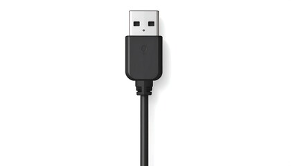 A close-up, realistic depiction of a black USB cable with a white plug on a plain white background. The cable is centered