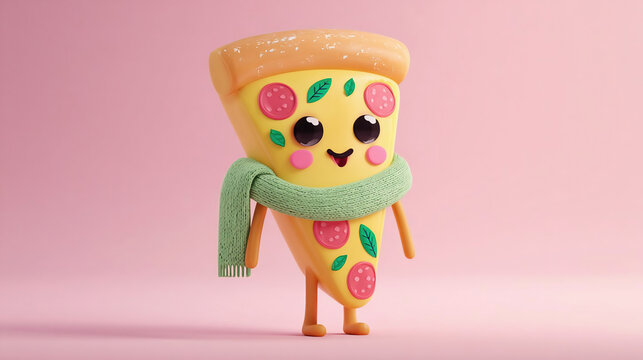 A cheerful slice of pizza designed as a 3D character, gooey melted cheese stretching like a playful scarf, smiling face with happy eyes, pepperoni and basil toppings styled as cartoon details - Powered by Adobe