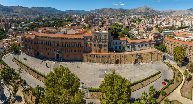 Panoramic aerial view of the Palazzo dei Normanni, also known as the Royal Palace. It is located in the historic center of Palermo, Sicily, Italy. It currently houses the Sicilian Regional Assembly.