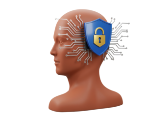 Human head with circuit board and shield isolated on transparent background, artificial intelligence and data protection concept
