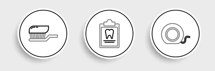 Set line Dental floss, Toothbrush with toothpaste and Clipboard dental card icon. Vector