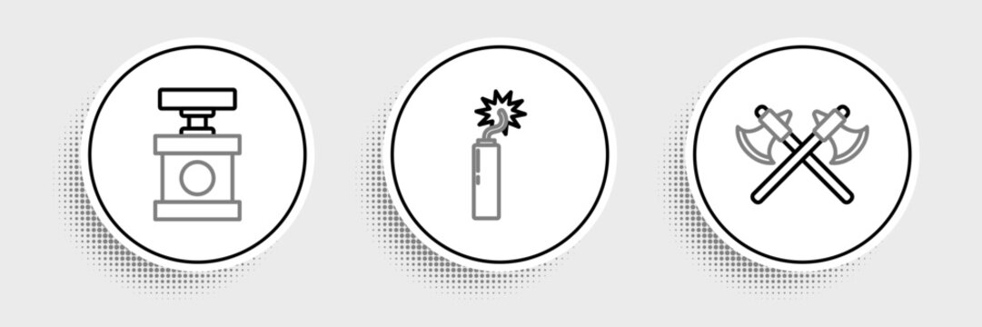 Set line Crossed medieval axes, Handle detonator for dynamite and Dynamite bomb stick clock icon. Vector
