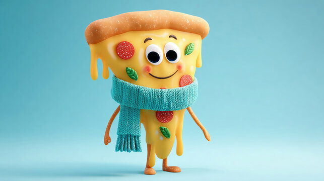 A cheerful slice of pizza designed as a 3D character, gooey melted cheese stretching like a playful scarf, smiling face with happy eyes, pepperoni and basil toppings styled as cartoon details