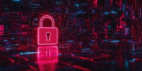 Futuristic Neon Cybersecurity Lock with Abstract Circuit Board and Digital Protection Design.