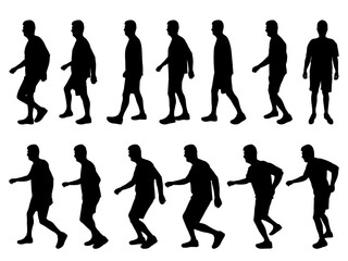 Silhouette of walking and running man, set. Vector illustration
