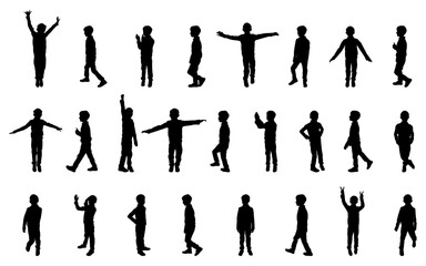 Black silhouette of  child in different poses, big set. Vector illustration