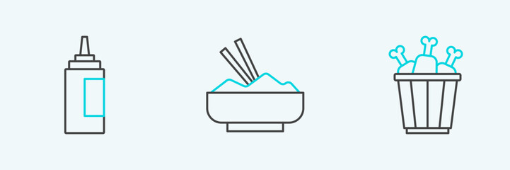 Set line Chicken leg in package box, Sauce bottle and Rice bowl with chopstick icon. Vector