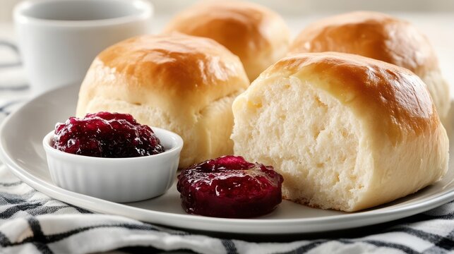 Golden Dinner Rolls with Berry Jam on White Plate: Freshly Baked, Soft, and Delicious for Breakfast, Lunch, or Dinner with a Sweet Treat - Powered by Adobe