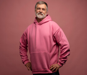 Caucasian smiling bearded mature man wearing pink hoodie against pink background