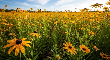 Field of Black-Eyed Susans in Full Bloom Under a Sunny Sky.