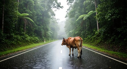 Cow on a Wet Road in a Lush Rainforest.