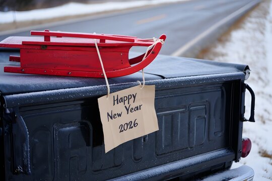 Red sled on mailbox with happy new year 2026 sign